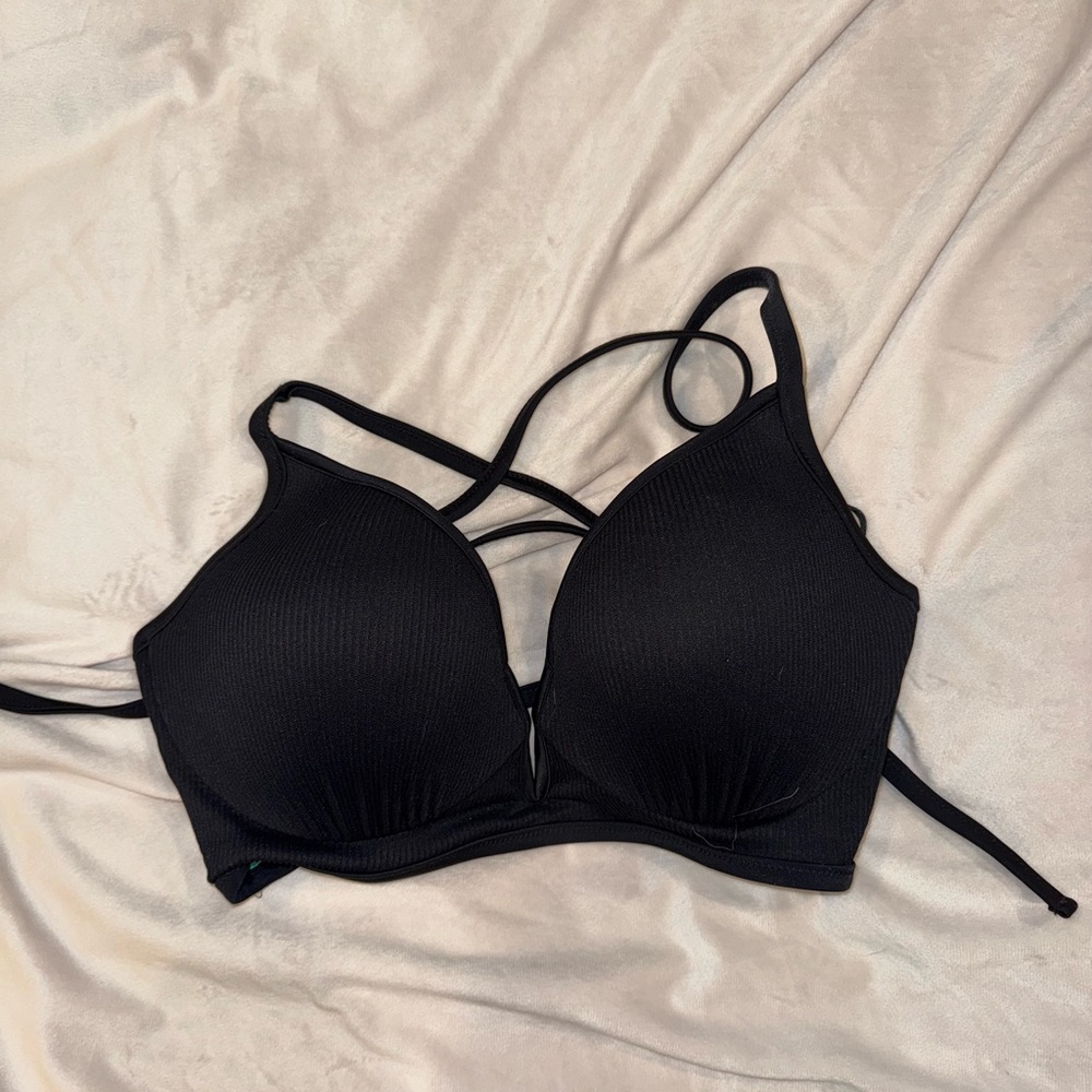 Shade & Shore Black Ribbed Bikini Top Push Up NYT